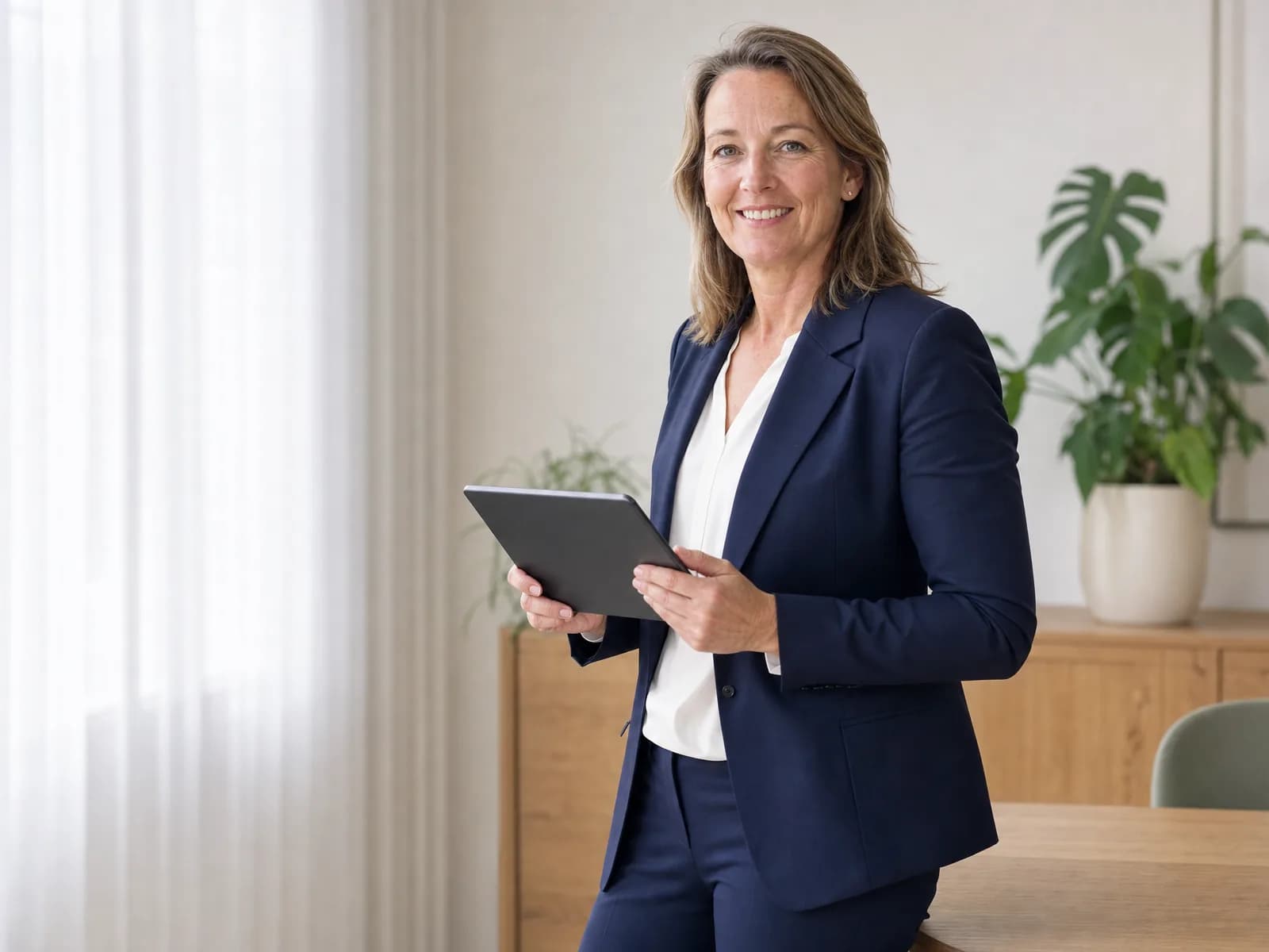 Vriendelijke kwaliteitsmanager in een donkerblauw colbert met een iPad in een licht kantoor
