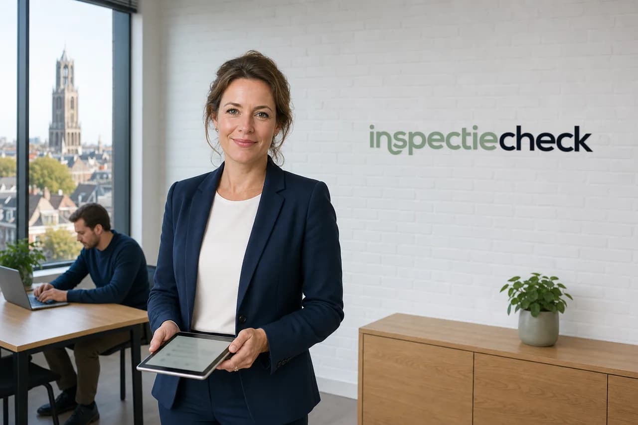 Kwaliteitsadviseur met een tablet in het lichte kantoor van Inspectiecheck in Utrecht, met het logo op de muur, een collega aan het werk op de achtergrond en de Domtoren door het raam
