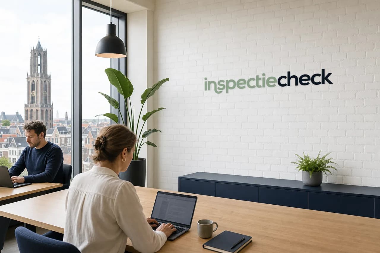 Twee collega's werken op hun laptop in een licht kantoor in Utrecht met uitzicht op de Domtoren, met het logo van Inspectiecheck op de witte bakstenen muur