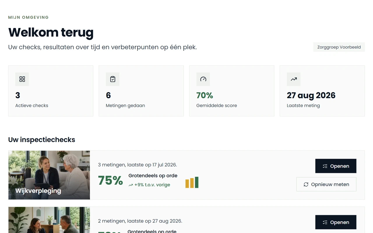 Rondleiding door Mijn omgeving van Inspectiecheck met voorbeeldgegevens: het overzicht met de score per sector, het verbeterplan en het rapport.